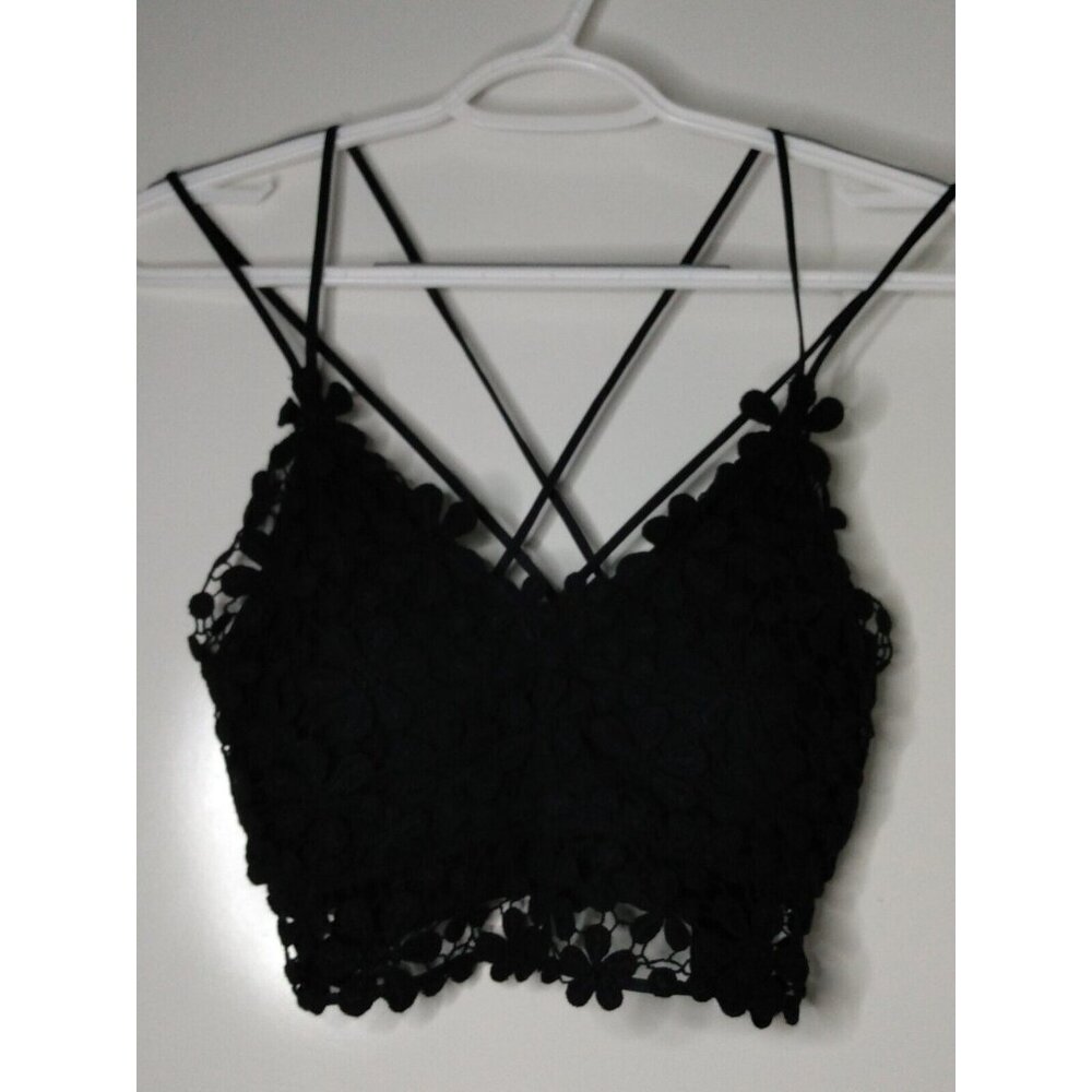 Davi & Dani Women Sz M Boho Bralette Floral Crochet Lace Eyelet Black Wireless
